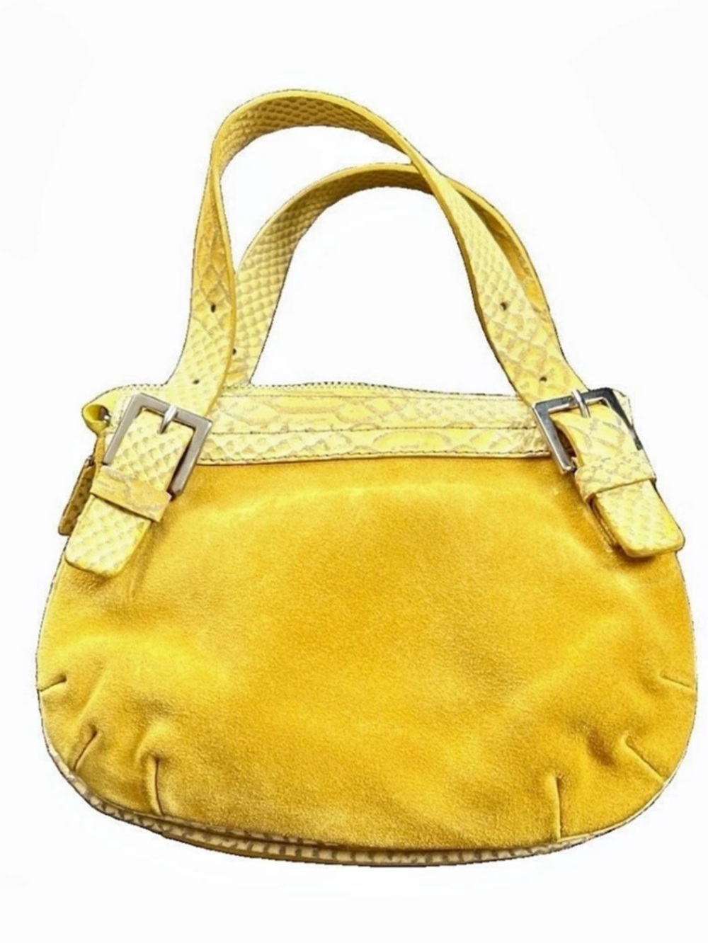 Yellow Suede Small Satchel Bag Snakeskin Pattern Zip Top Made In Italy